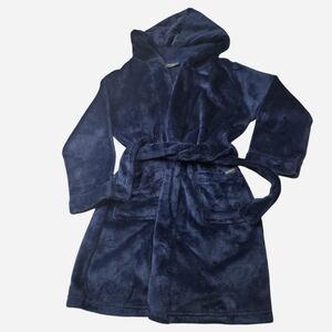 Eddie Bauer Kids Boys Plush Robe XS (5-6) Navy Blue Hooded with Tie Pockets